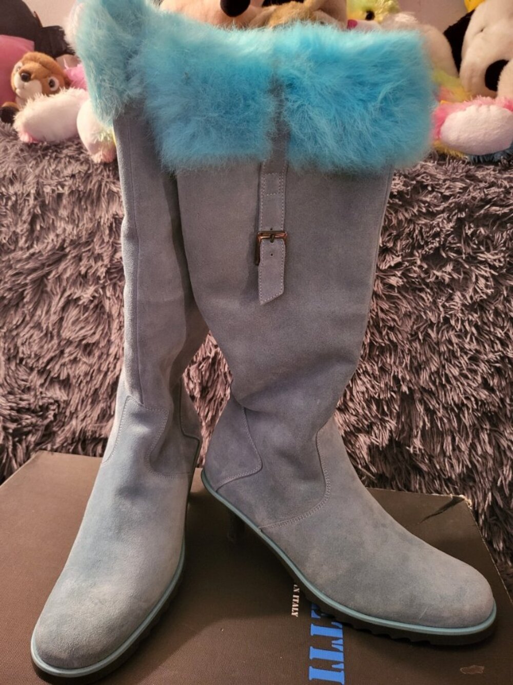 Vintage Italian Aqua Blue Suede Boots with Real Fur